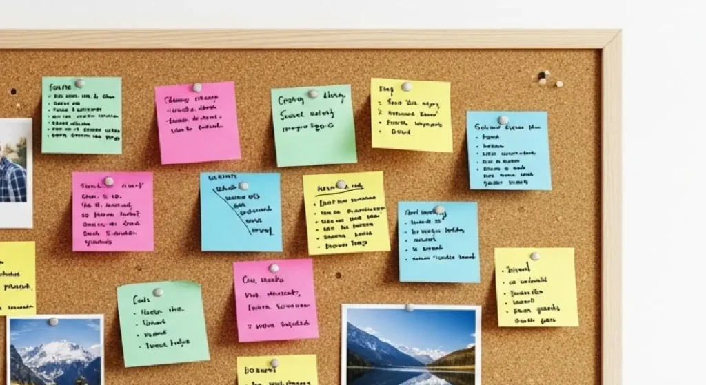 12.8 x 7.2 cork board mounted on a white wall with sticky notes and photos pinned to it