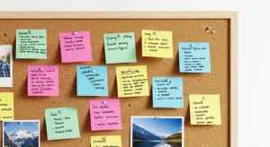 12.8 x 7.2 cork board mounted on a white wall with sticky notes and photos pinned to it