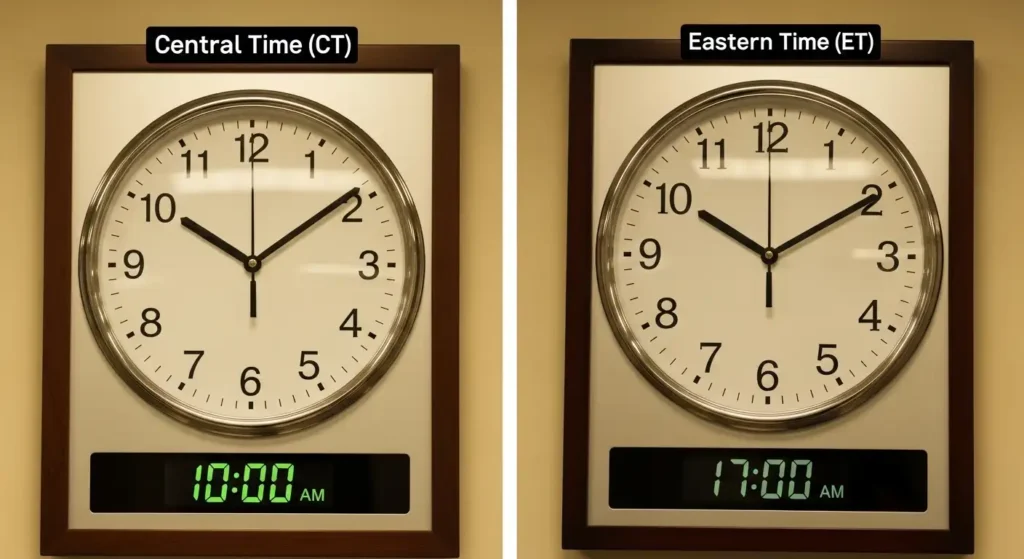 Analog clocks showing the one-hour difference between Central and Eastern time.