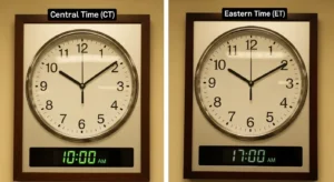 Analog clocks showing the one-hour difference between Central and Eastern time.