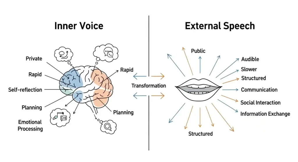 Diagram showing the difference between inner voice and external speech