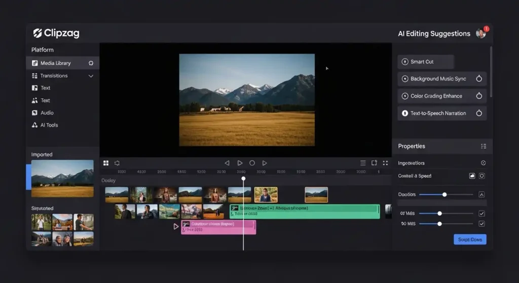 Clipzag platform dashboard showing AI video editing interface