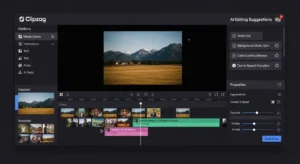Clipzag platform dashboard showing AI video editing interface