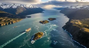 Aerial view of the Strait of Magellan connecting the Atlantic and Pacific Oceans in southern Chile