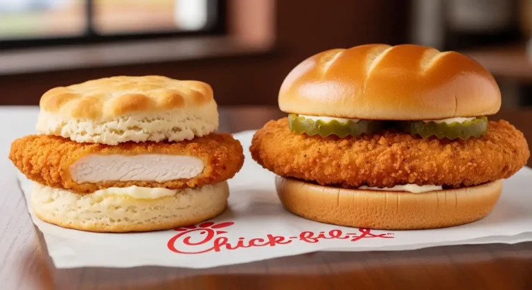 Close-up of a Chick-fil-A Chicken Biscuit next to an Original Chicken Sandwich.